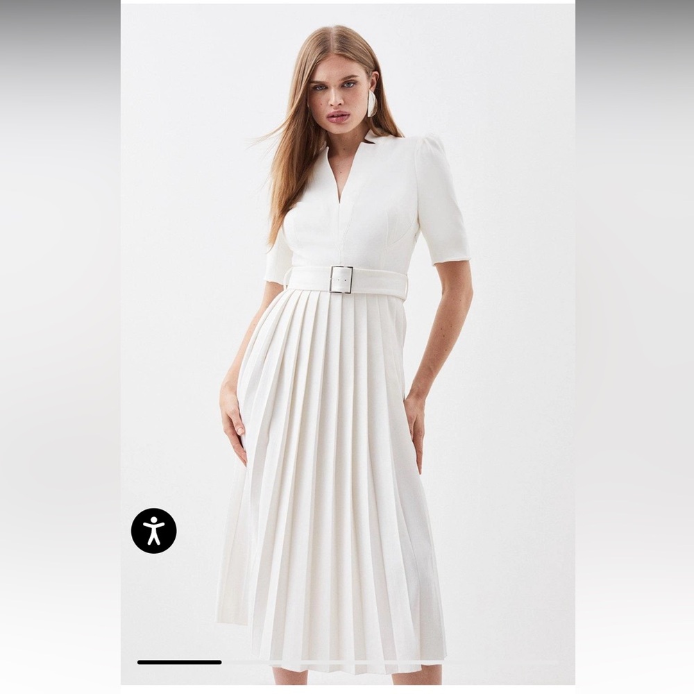 Karen Millen Tailored Structured Crepe Forever Pleat Belted Midi Dress